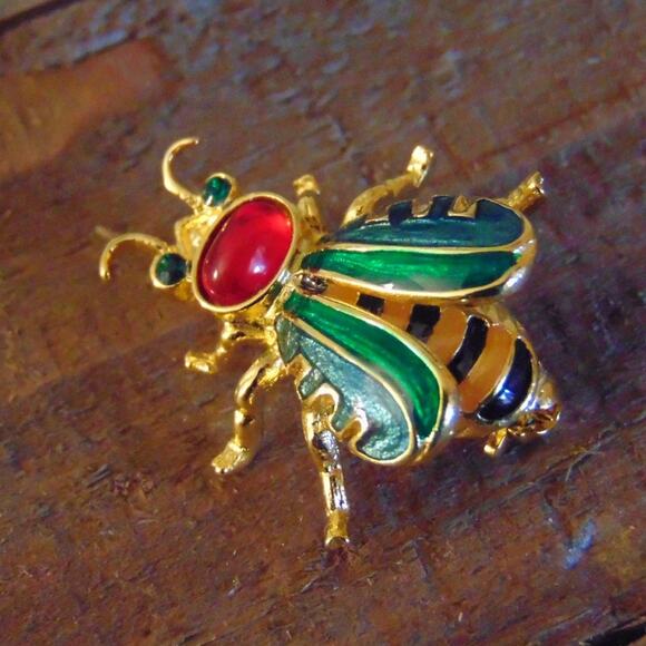 Joan Rivers RUSSIAN Honey BEE PIN BROOCH Enamel Yellow Black Gold Red Cabochon - Picture 5 of 5